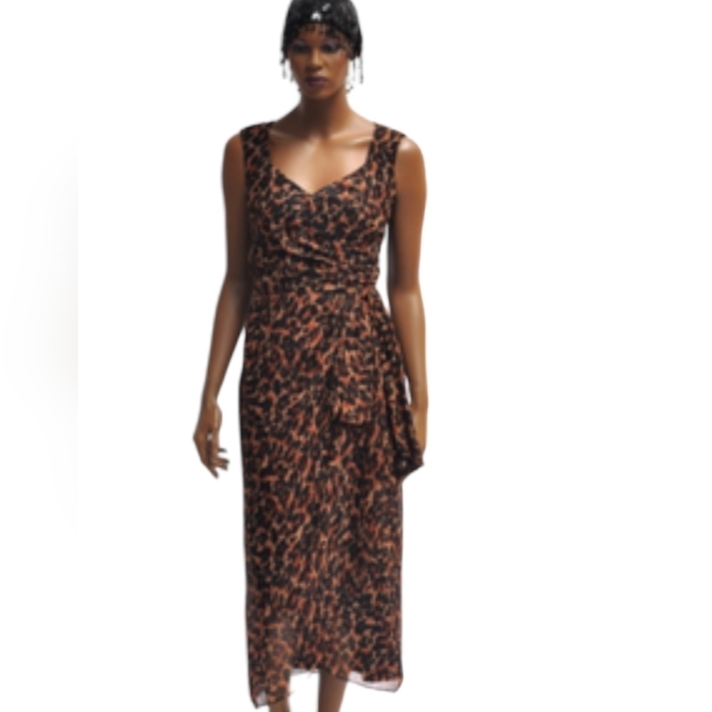 Bernshaw Vintage Chiffon Leopard Print Faux Wrap Cocktail Midi Dress UK 12, US 8